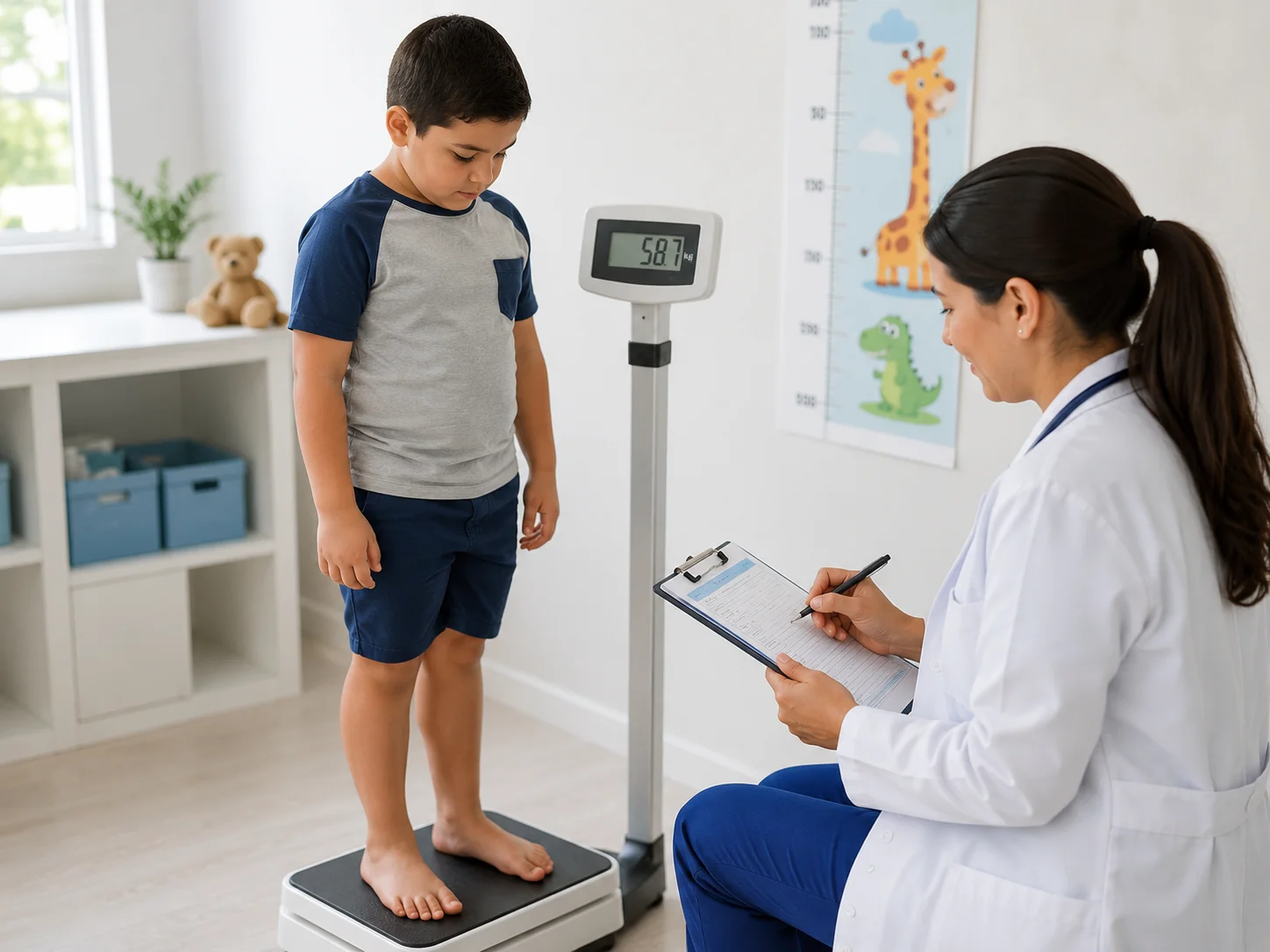 Un niño subido en una báscula médica pediátrica mientras controlan su peso